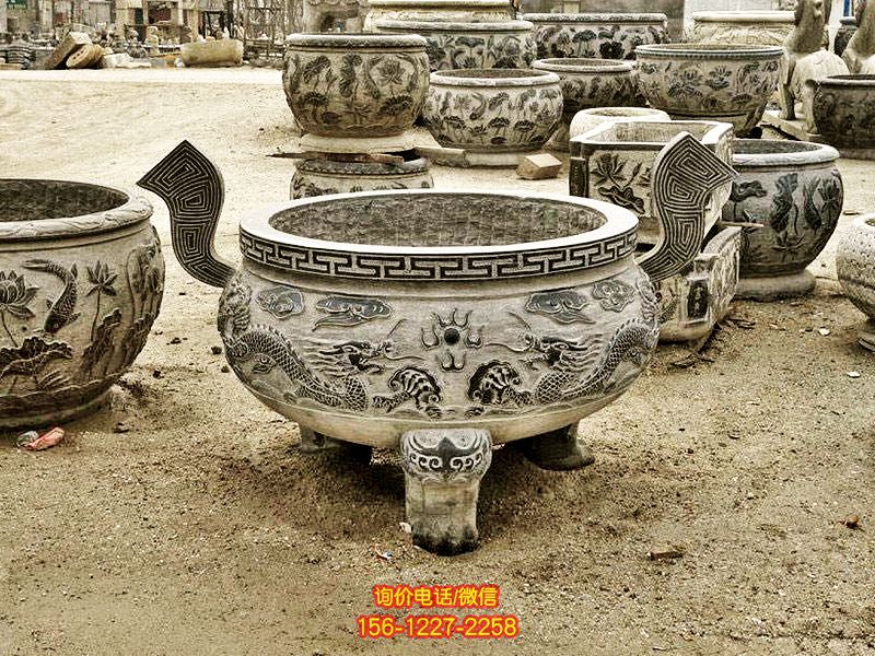 青石浮雕雙龍戲珠三足鼎寺院景觀香爐擺件 青石浮雕雙龍戲珠三足鼎寺院景觀香爐擺件